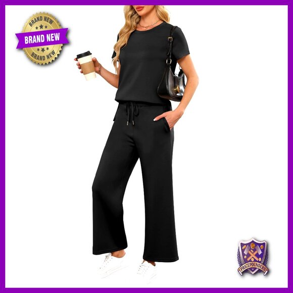 Two Piece Lounge Set Loose Fit Wide Leg Pants Travel Casual Matching Tracksuit